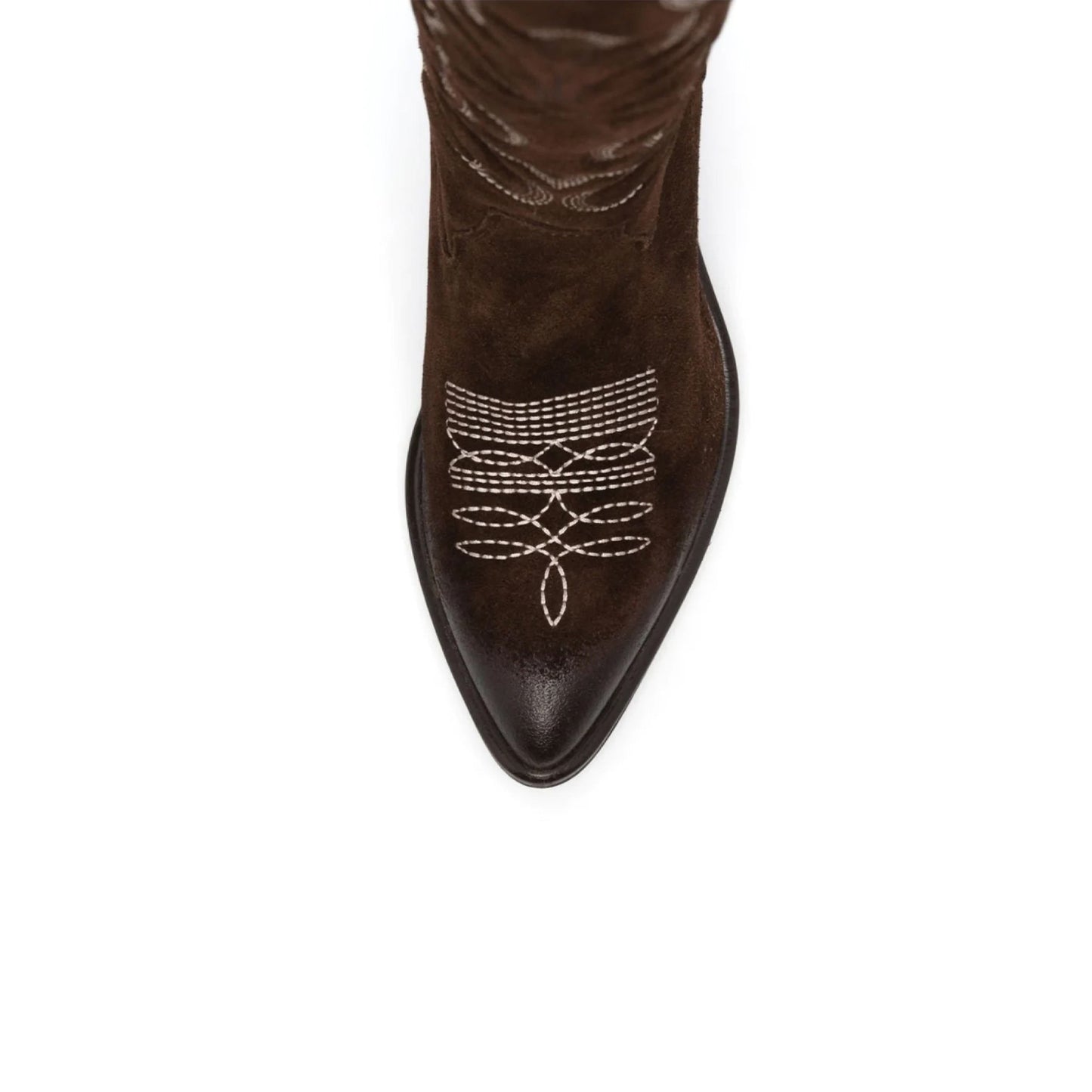 Dark Brown Faux Suede Pointed-Toe Embroidery Wide Calf Knee High Cowgirl Boots