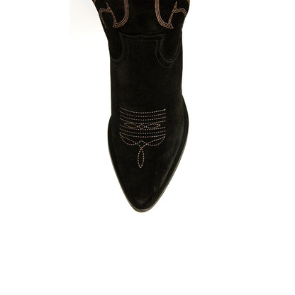 Black Faux Suede Round-Toe Half-Zip Embroidery Tall Knee High Cowgirl Boots
