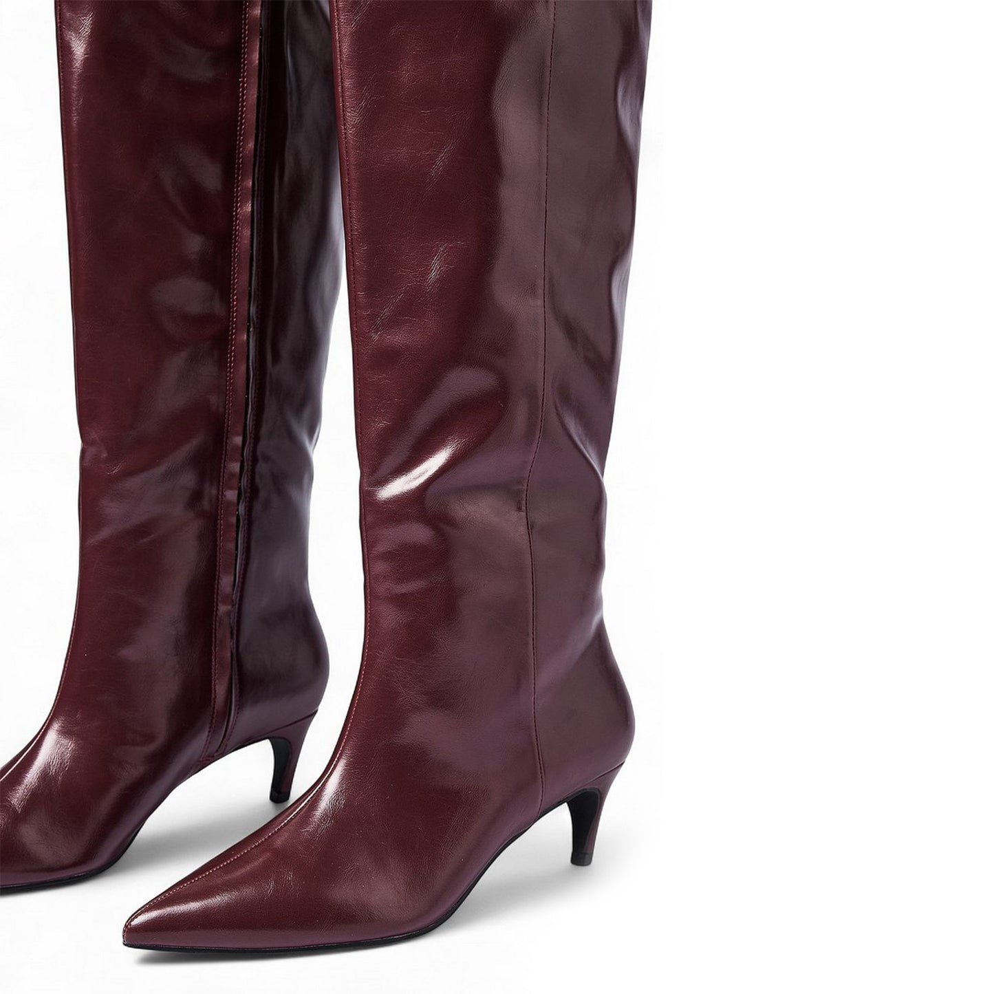 Burgundy Vegan Leather Pointed-Toe Full-Zip Knee High Stiletto Boots