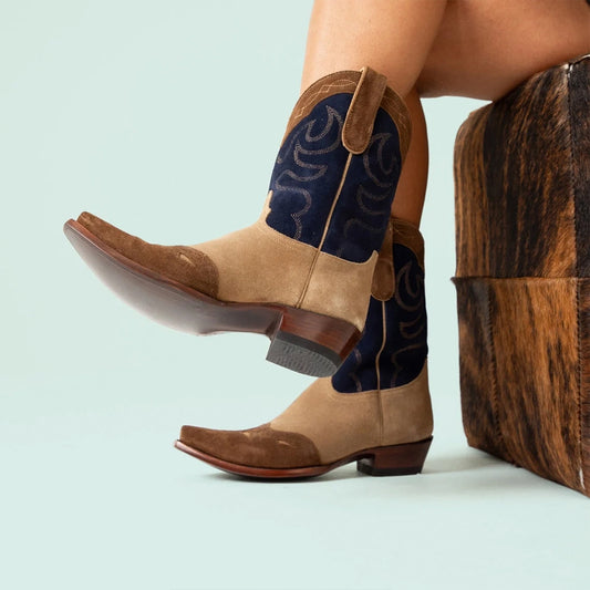 Contrast Tri-Color Faux Suede Snip-Toe Embroidery Mid Calf Cowgirl Boots