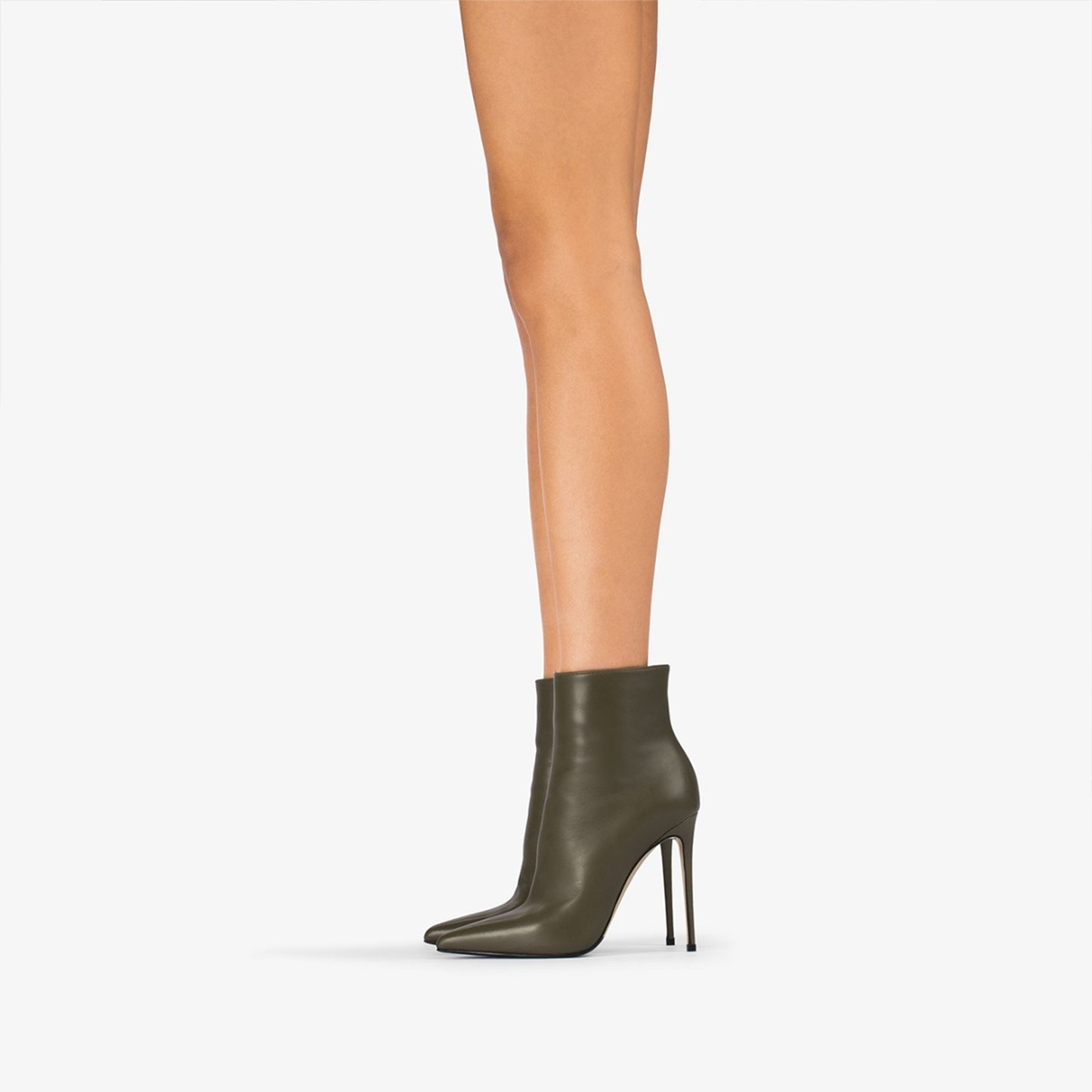 Khaki Green Pointed-Toe Simple Full-Zip Ankle Stiletto Boots