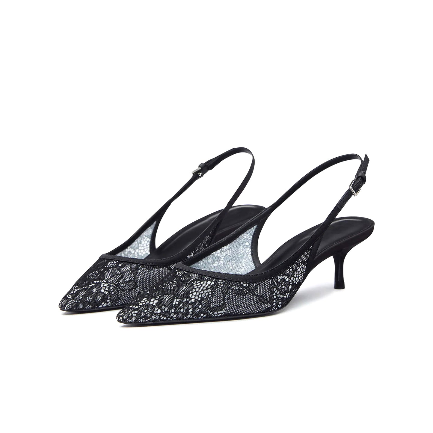 Black Lace Pointed-Toe Classic Kitten Heels With Slingback