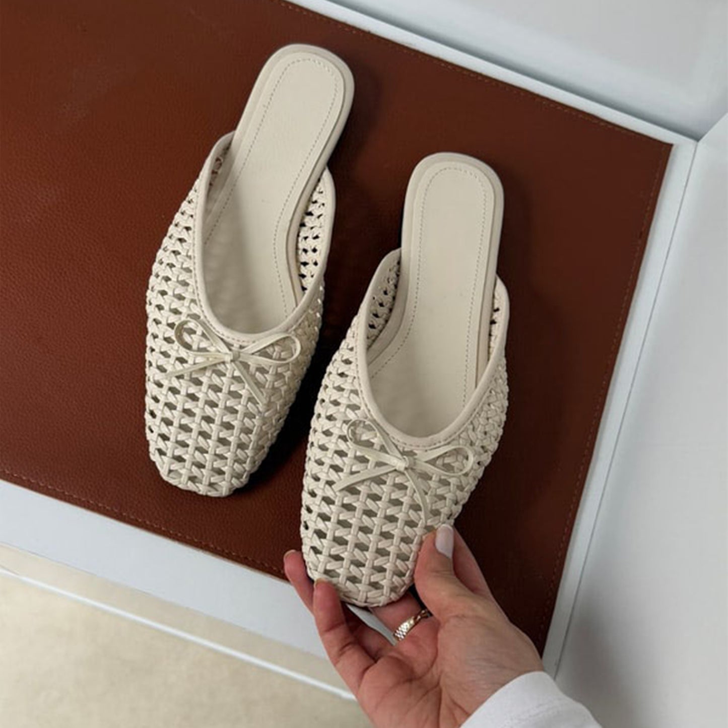 Ivory Woven Vegan Leather Square-Toe Front Bow Backless Chic Flats