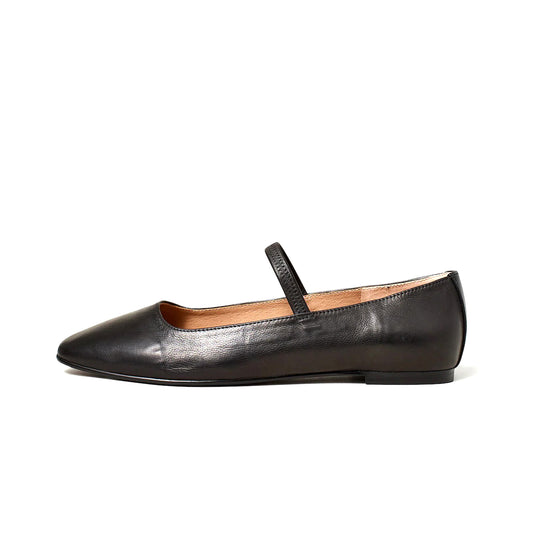 Black Vegan Leather Square-Toe Bridge Strap Slip-On Flats