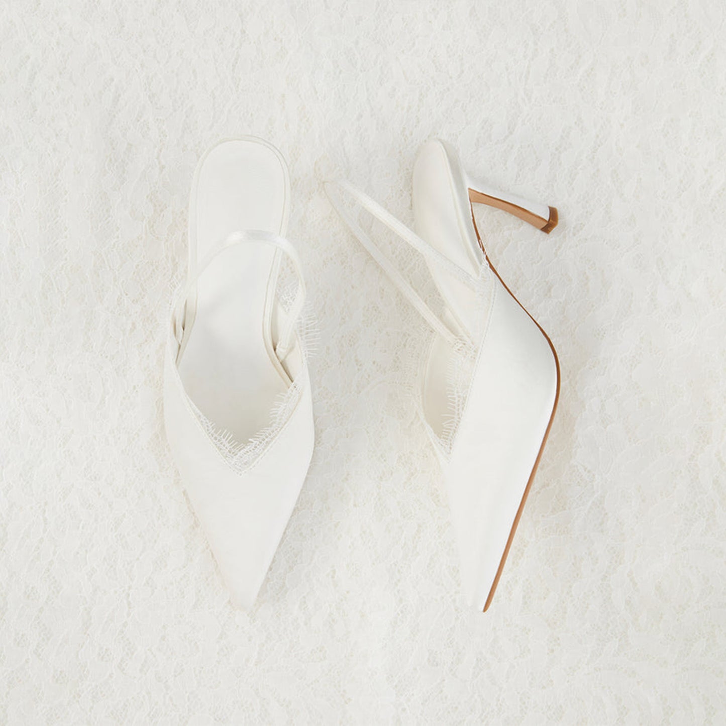 White Satin And Lace Pointed-Toe Slingback High Heels
