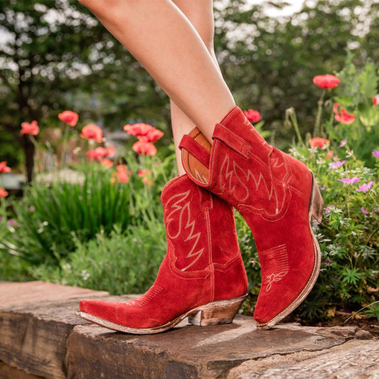 Red Faux Suede Snip-Toe Chic Embroidery Ankle Cowgirl Boots