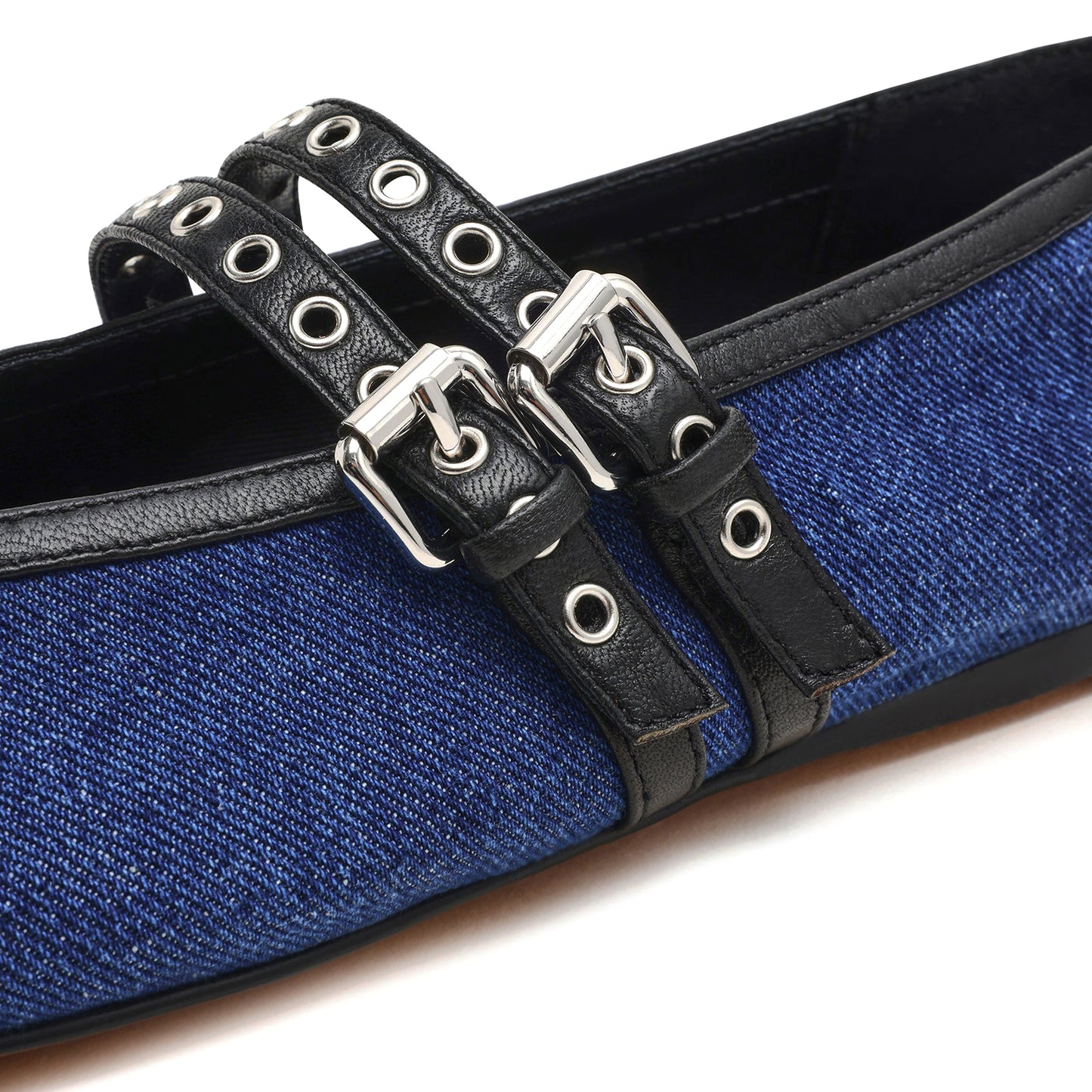 Blue Square-Toe Double Bridge Straps With Eyelets Classic Ballet Flats