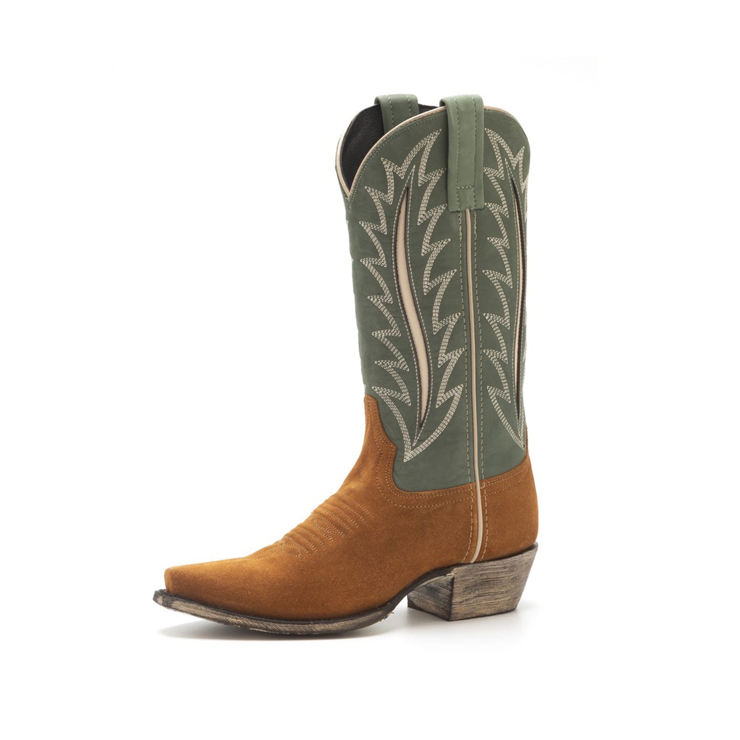 Green Contrast Vegan Leather And Faux Suede Snip-Toe Inlay Embroidery Mid Calf Cowgirl Boots