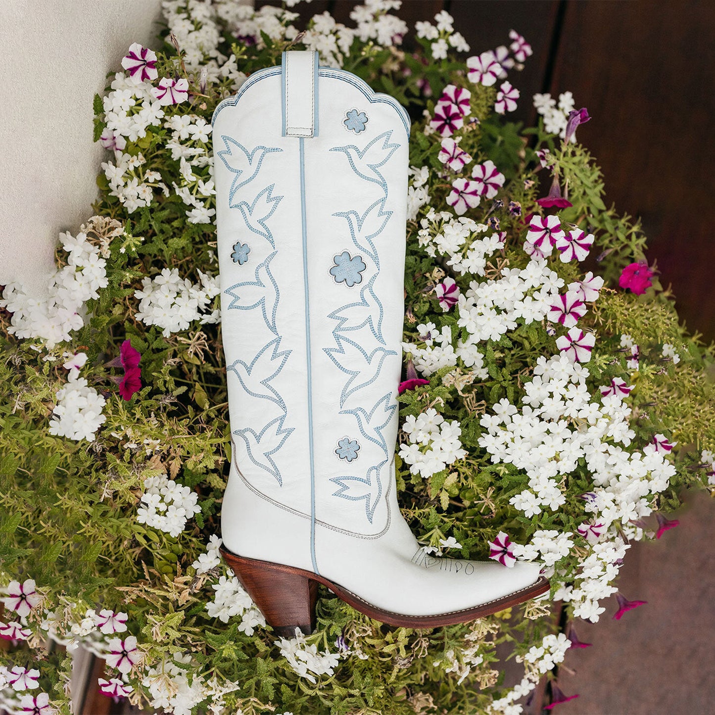 White Snip-Toe Birds Embroidery Flowers Inlay Wide Calf Knee High Cowgirl Boots