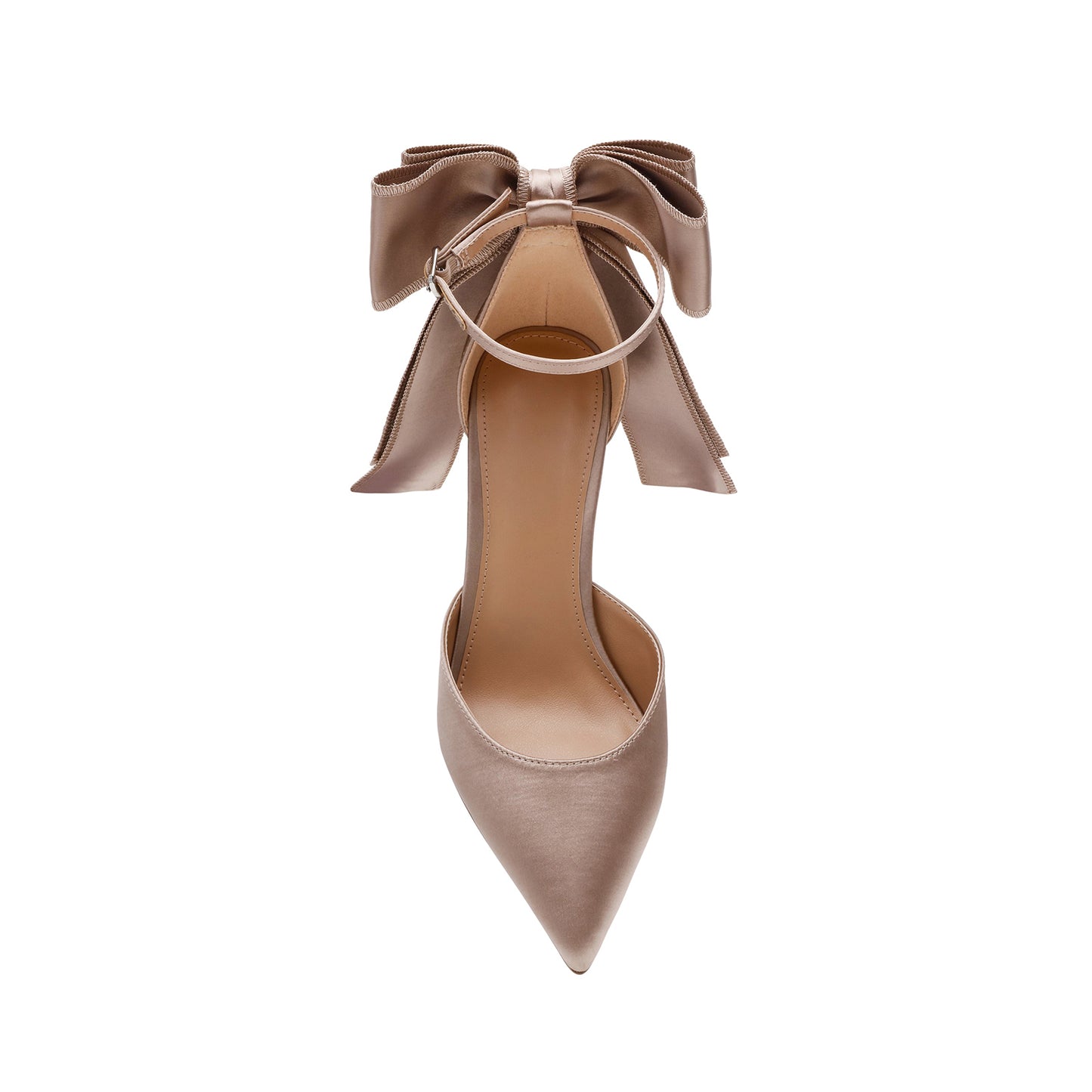 Taupe Satin Pointed-Toe Ankle Strap With Bow Pumps