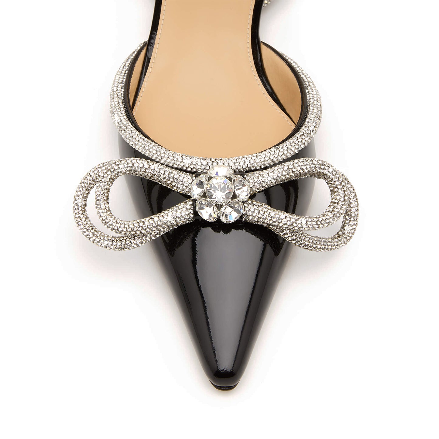 Patent Black Pointed-Toe Glitter Double Bow With Rhinestones Ankle Strap Flats