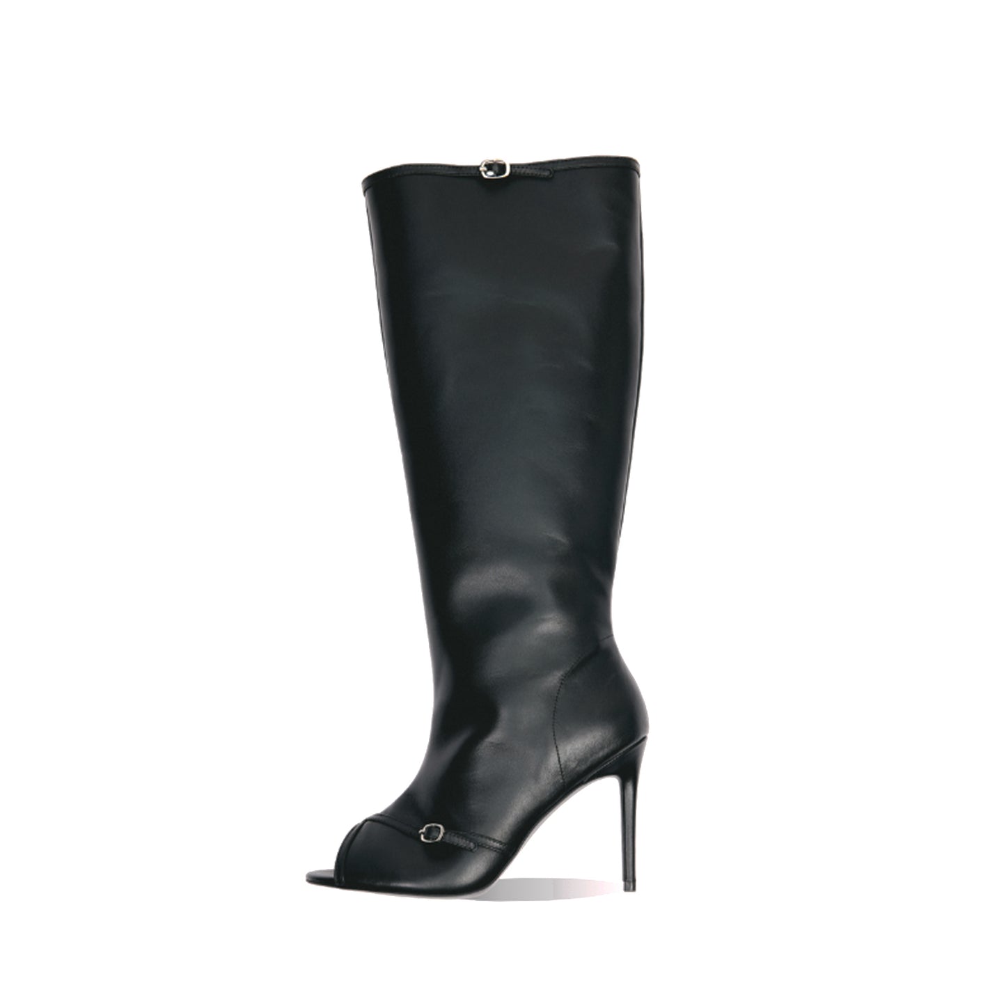 Black Peep Round-Toe Sleek Wide Calf Knee High Stiletto Boots