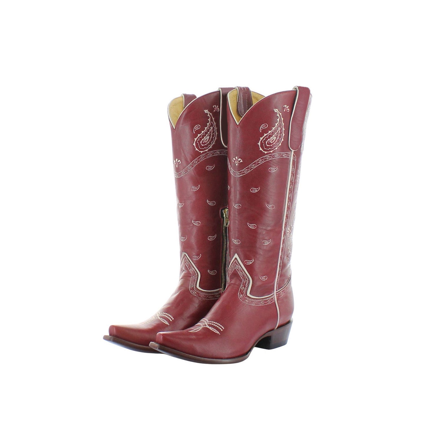 Red Snip-Toe Paisley Embroidery Half-Zip Knee High Cowgirl Boots