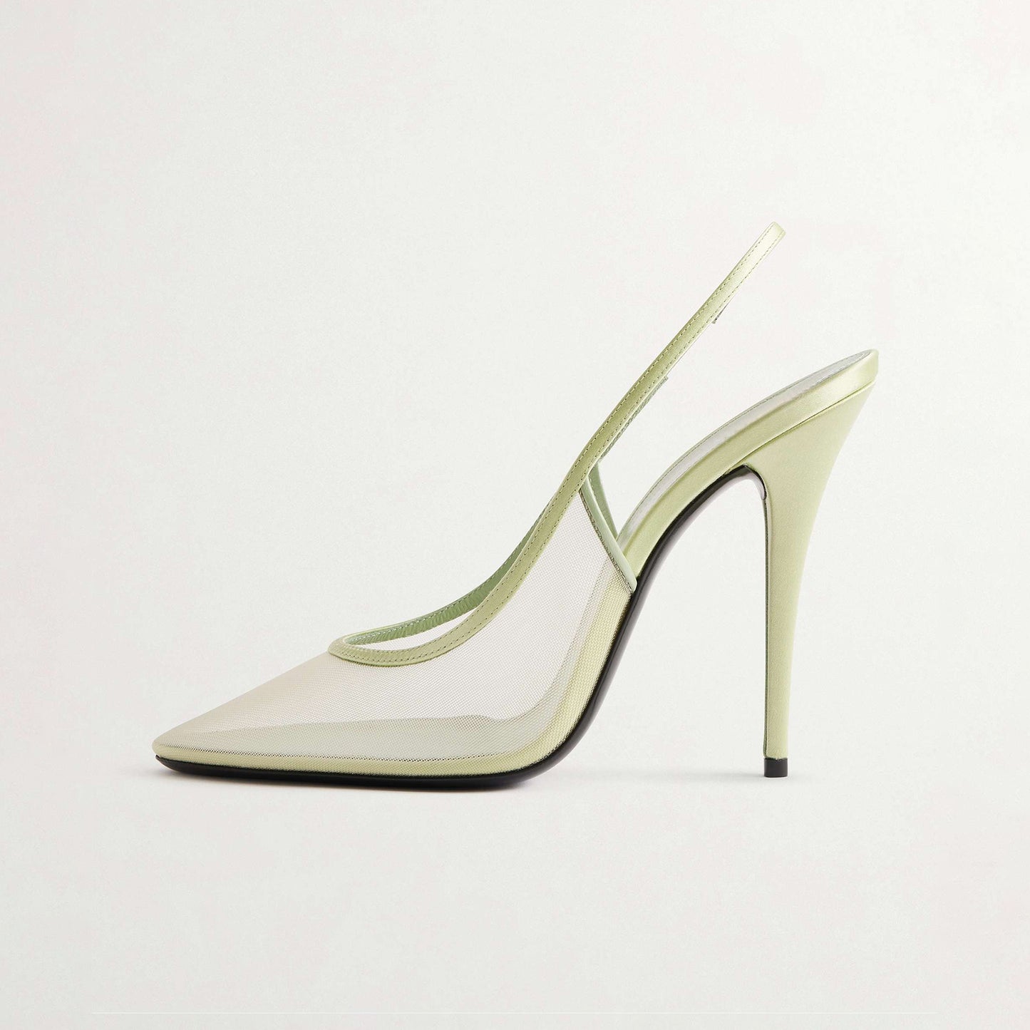 Green Satin-Trimmed Mesh Pointed-Toe Slingback High Heels