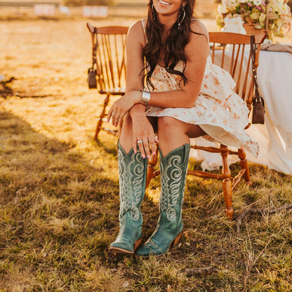 Turquoise Almond-Toe Curled Embroidery Full-Zip Knee High Cowgirl Boots