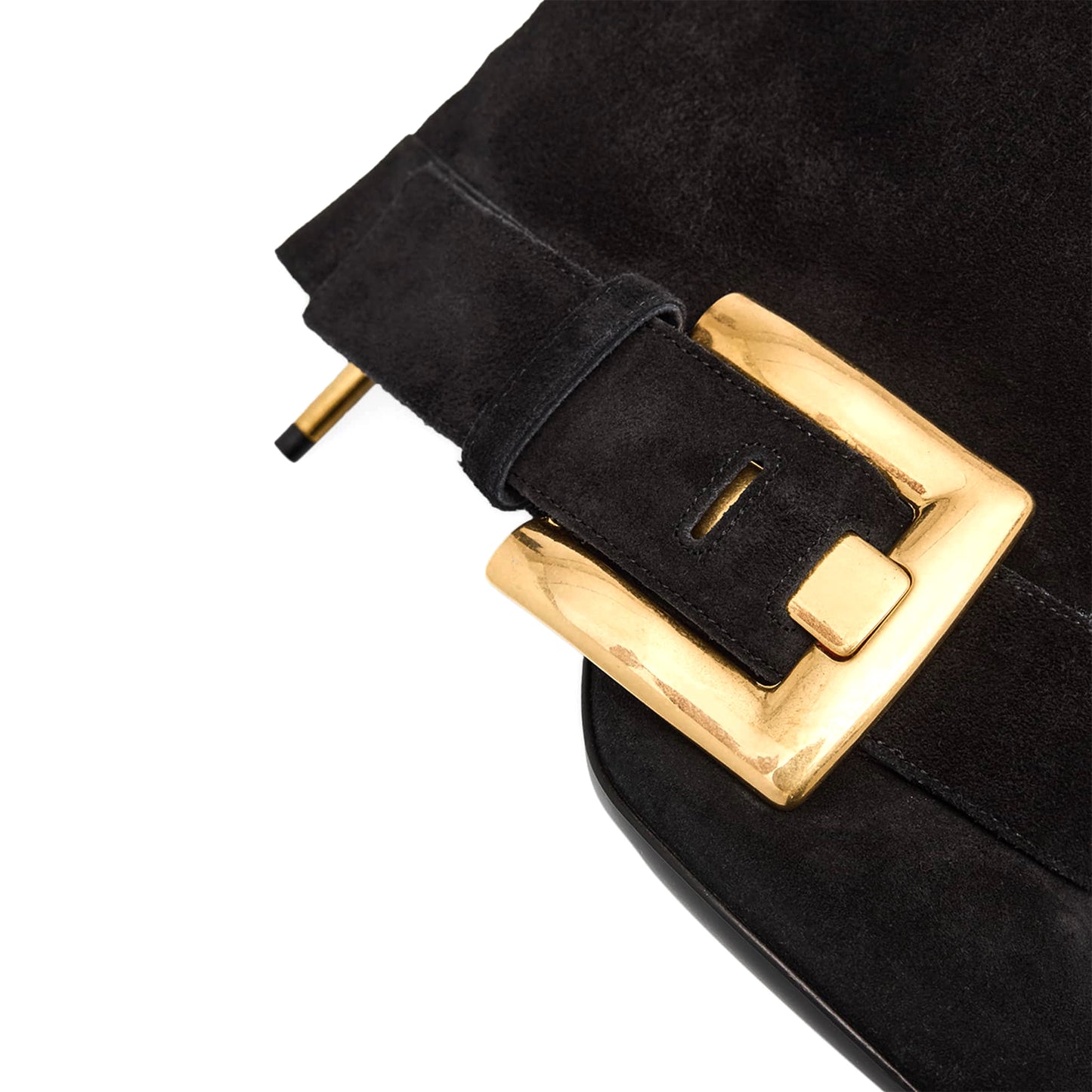 Black Faux Suede Pointed-Toe Buckle Fold-Over Wide Calf Knee High Stiletto Boots