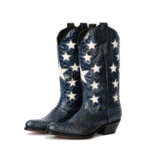 Blue Snakeskin Print Round-Toe Stars Inlays Mid Calf Cowgirl Boots