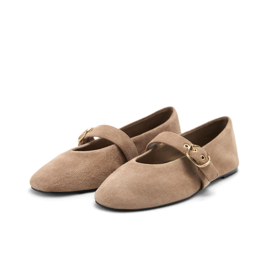 Sand Faux Suede Round-Toe Bridge Strap Ballet Flats