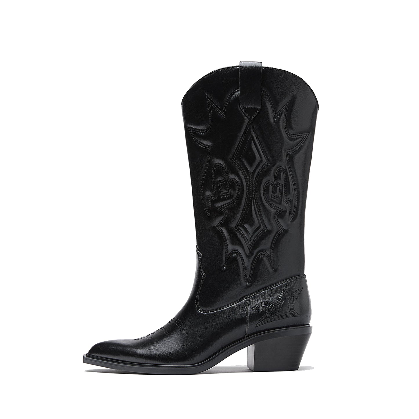 Black Almond-Toe Chic Stitch Mid Calf Classic Cowgirl Boots
