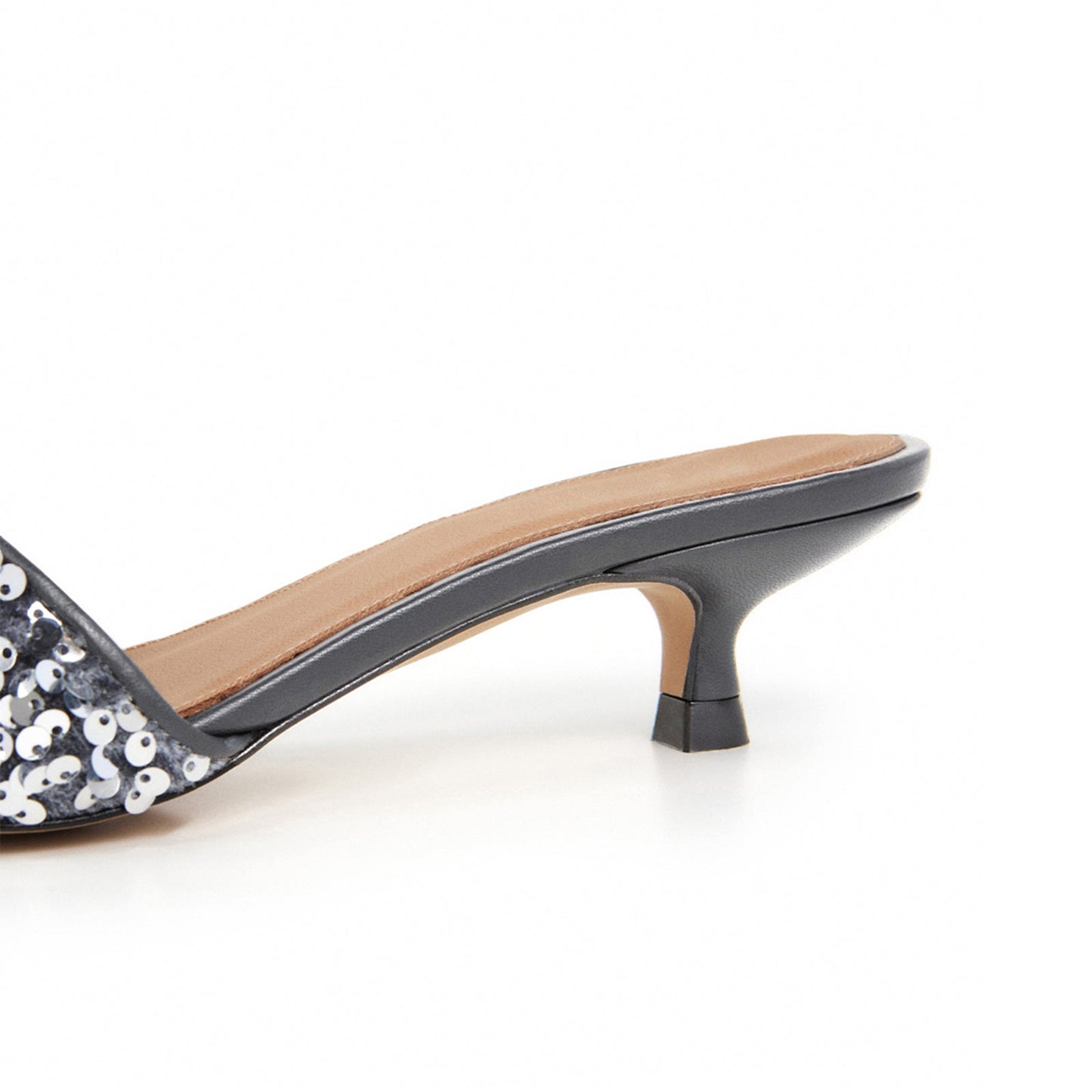 Gray Velvet Pointed-Toe Slip-On Full Sequin Backless Kitten Heels