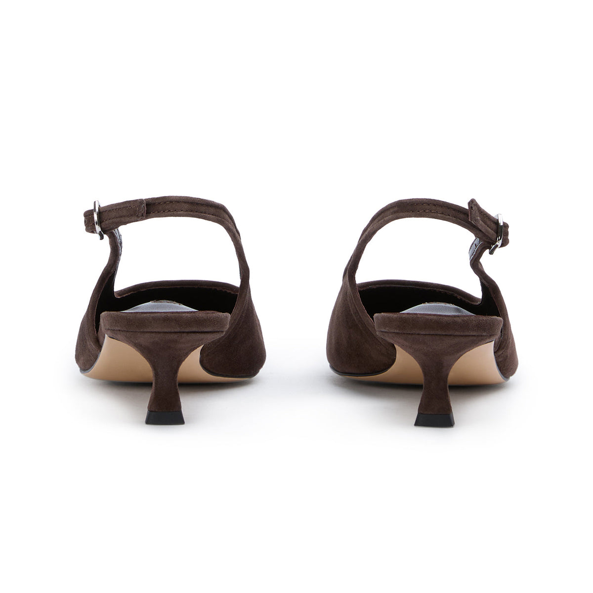 Chic Pointed-Toe Buckle Slingback Kitten Heels - Coffee Faux Suede