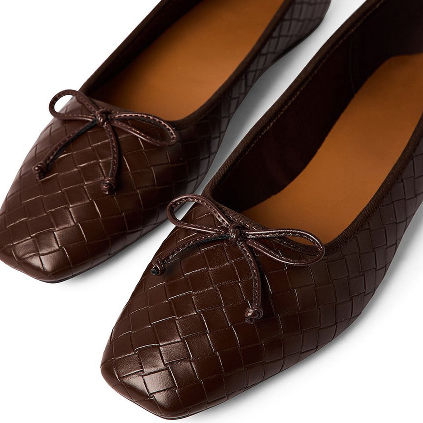 Dark Brown Vegan Leather Woven Square-Toe Front Bow Detail Ballet Flats