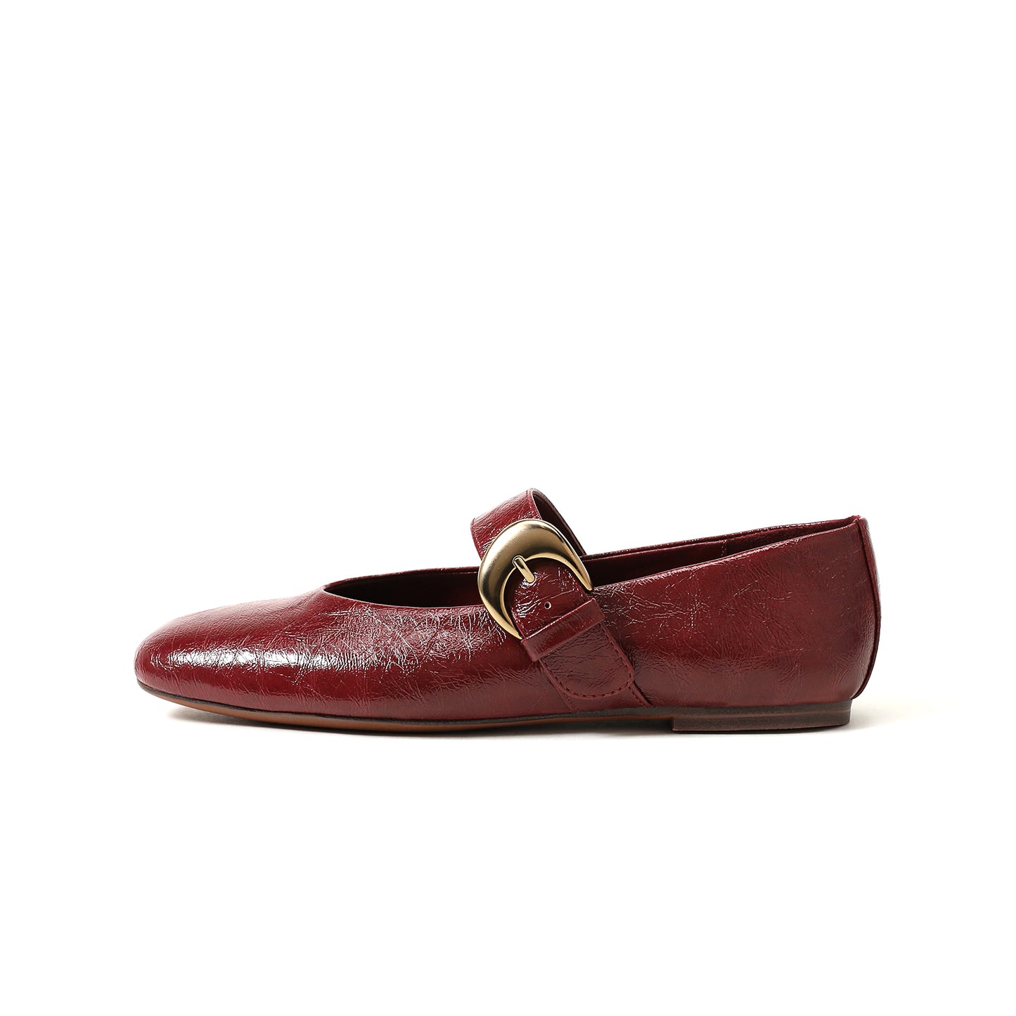 Wine Red Vegan Leather Square-Toe Buckle Bridge Strap Ballet Flats