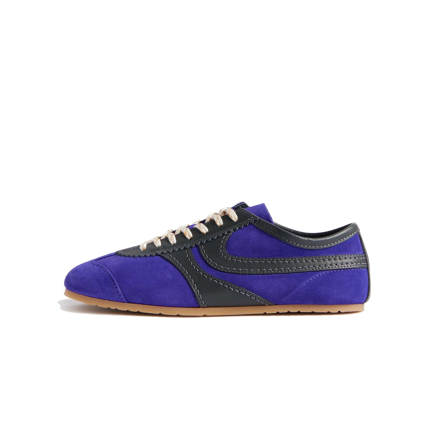 Blue Contrast Faux Suede And Vegan Leather Square-Toe Lace-Up Sneakers Flats