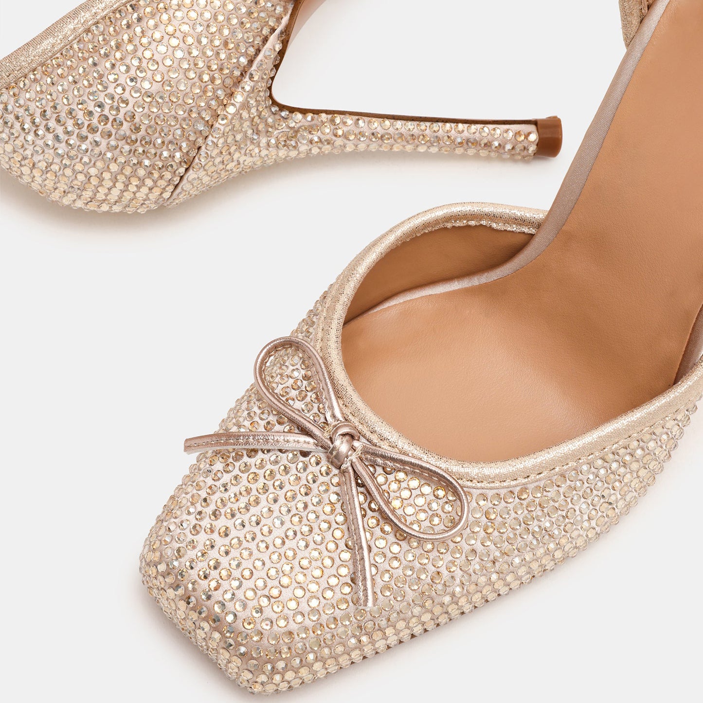 Champagne Satin Square-Toe Front Bow Ankle Straps High Heels With Rhinestone