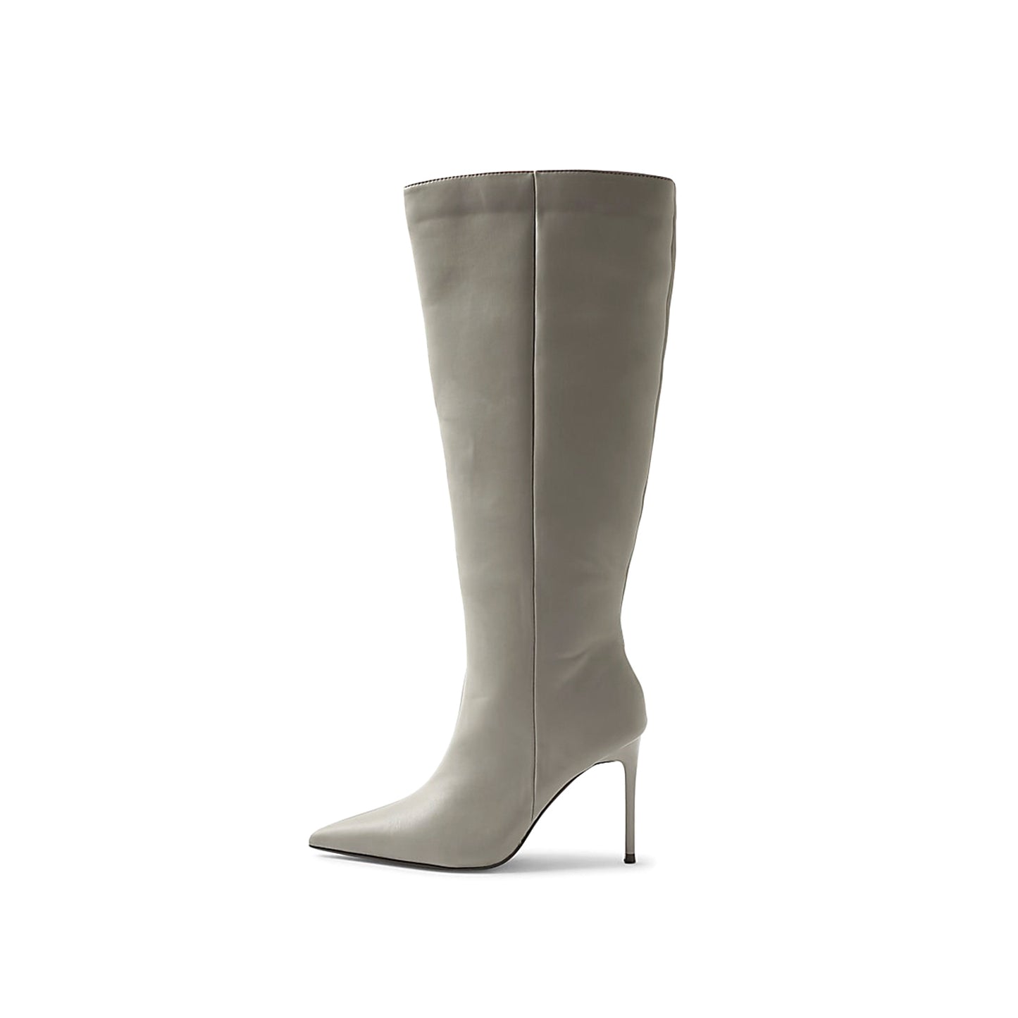Gray Pointed-Toe Sleek Full-Zip Knee High Stiletto Boots