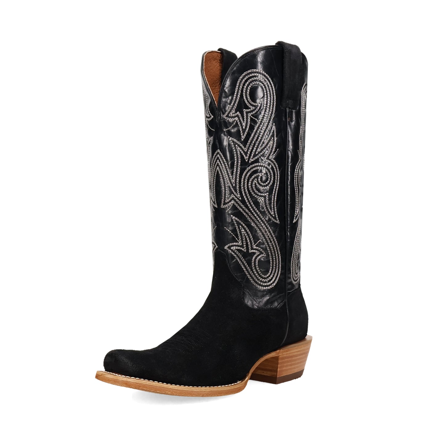 Black Contrast Vegan Leather And Faux Suede Square-Toe Embroidery Mid Calf Cowgirl Boots