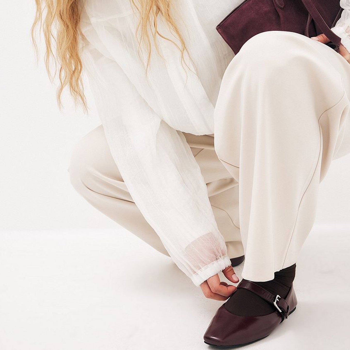 Burgundy Square-Toe Buckle Mary Jane Ballet Flats
