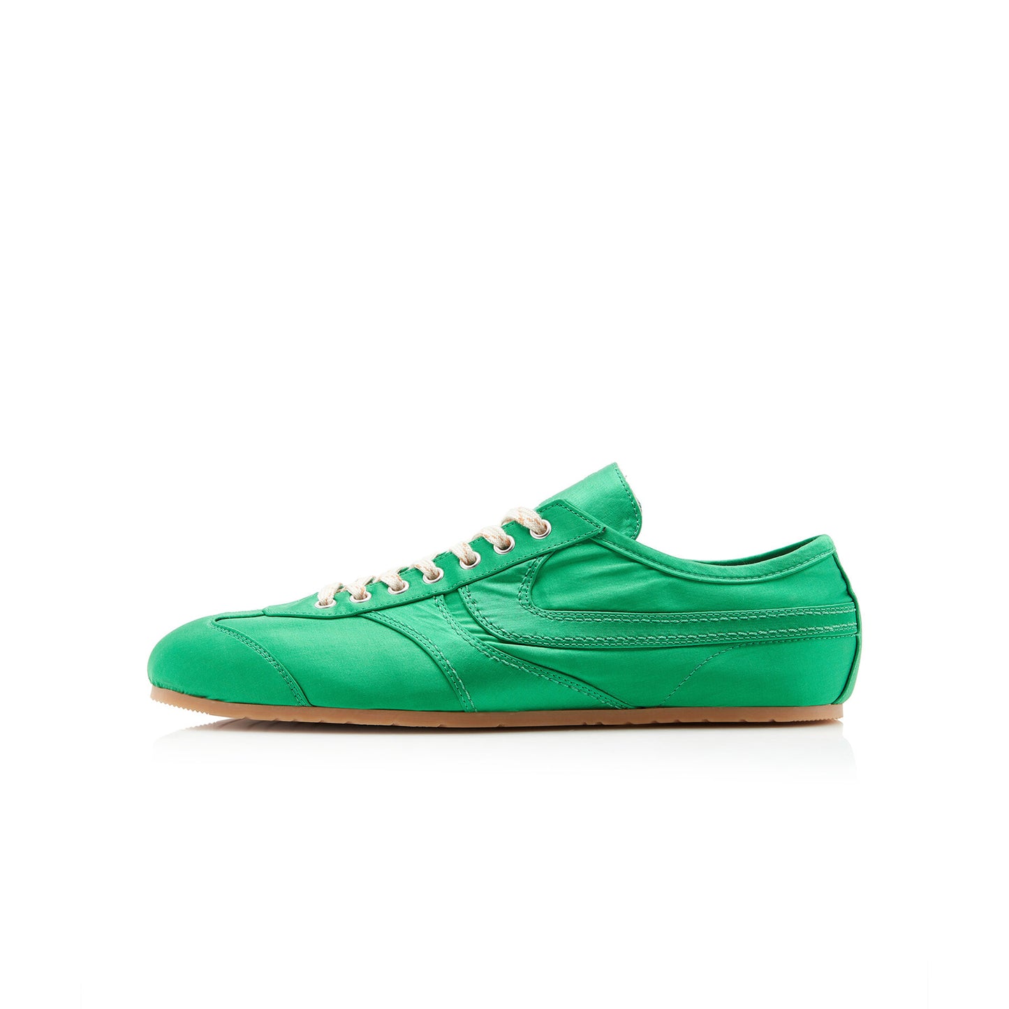 Green Satin Square-Toe Lace-Up Sneakers Flats