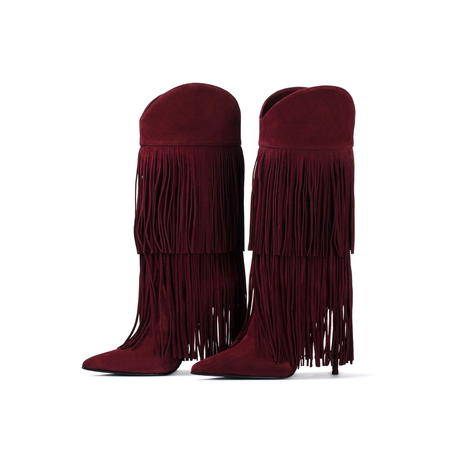 Cherry Red Faux Suede Pointed-Toe Shaft Fringe Mid Calf Stiletto Boots