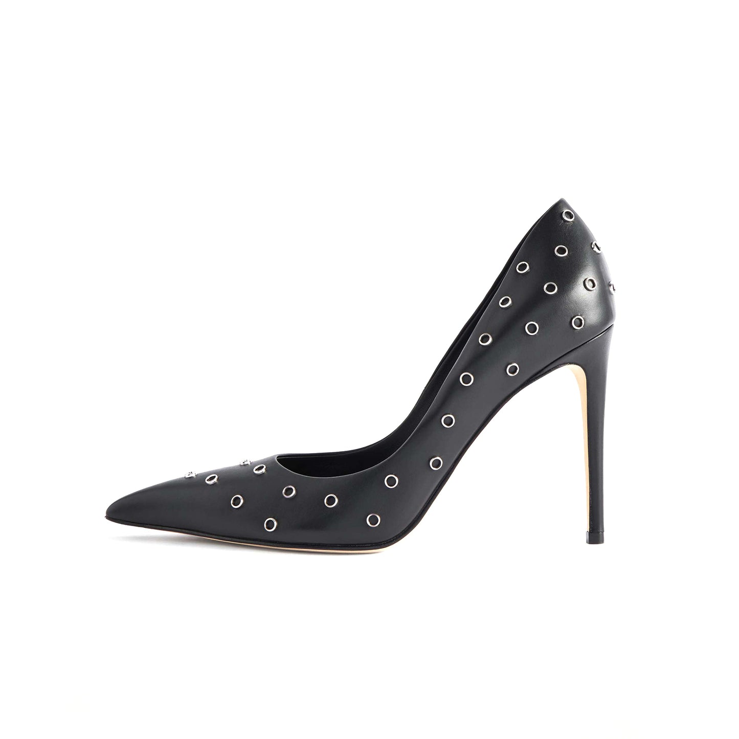 Black Pointed-Toe High Heels With Eyelets