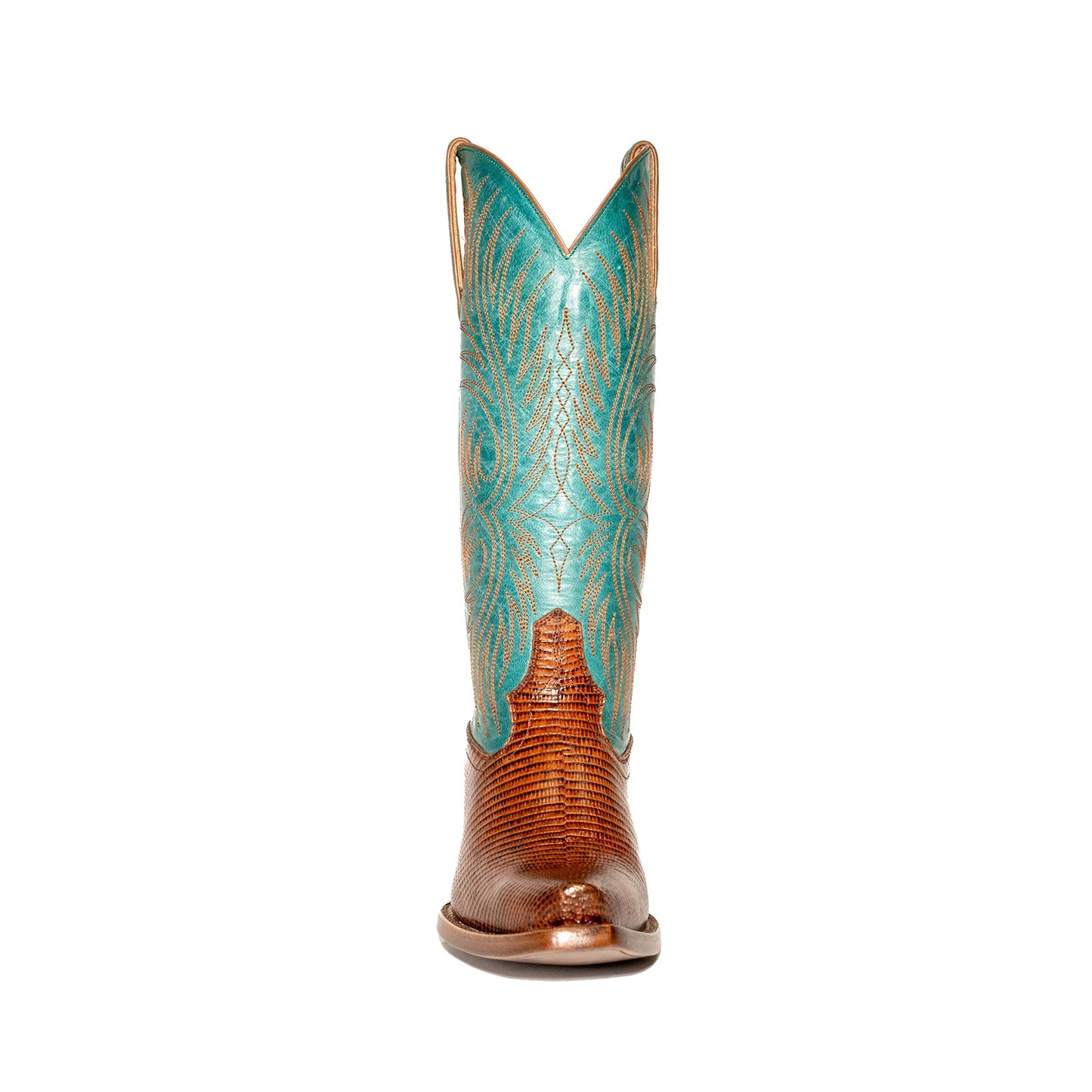Contrast Turquoise And Cognac Lizard Print Snip-Toe Embroidery Mid Calf Cowgirl Boots