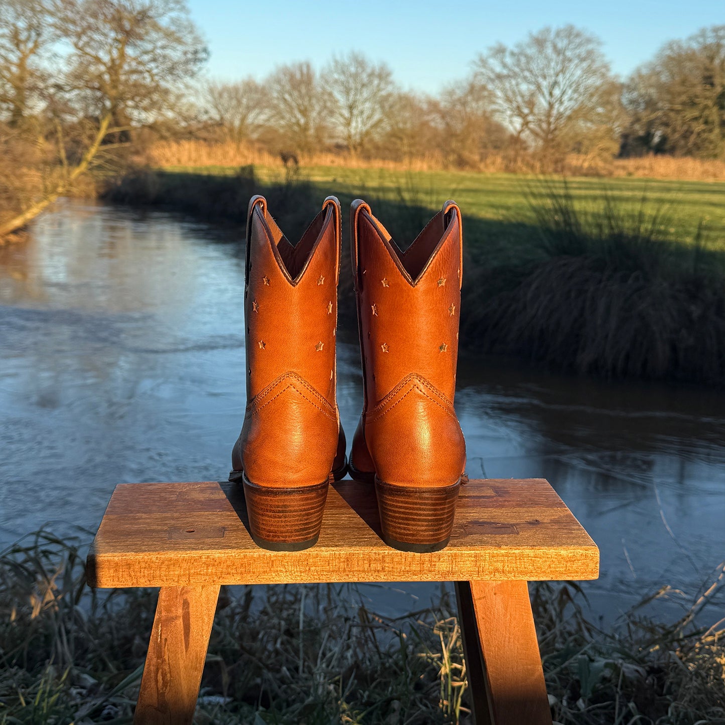 Cognac Snip-Toe Little Stars Inlays Ankle Cowgirl Boots