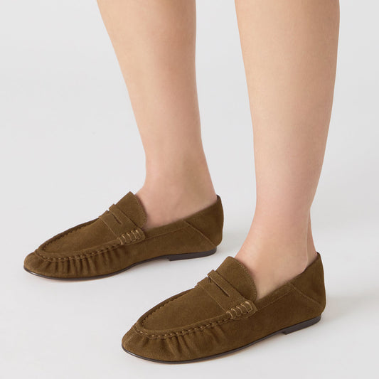 Taupe Faux Suede Round-Toe Classic Loafers Flats