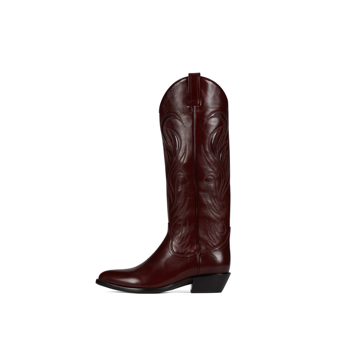 Dark Coffee Vegan Leather Almond-Toe Embroidery Wide Calf Knee-High Cowgirl Boots