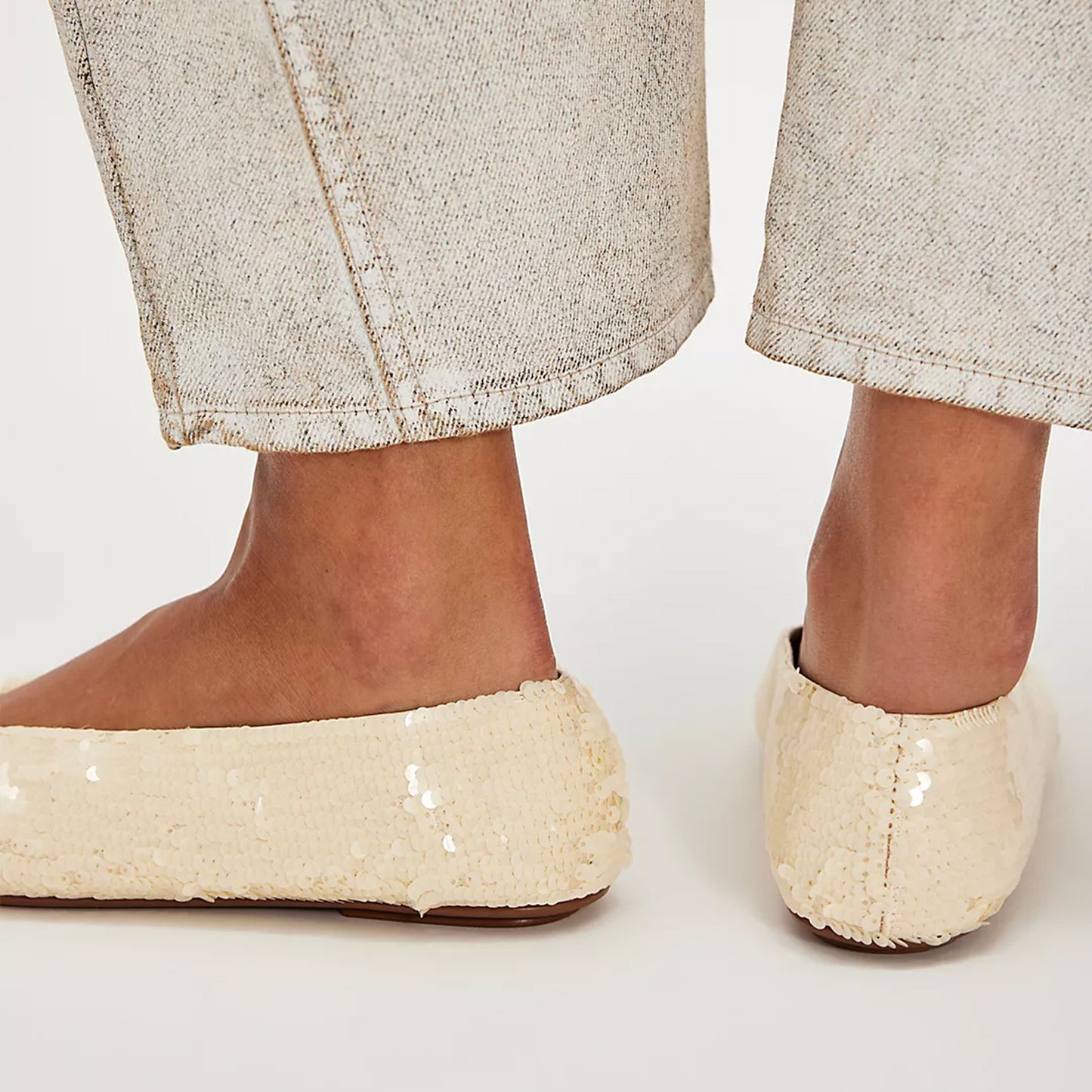 Beige Satin Round-Toe Classic Ballet Slip-On Sequin Flats