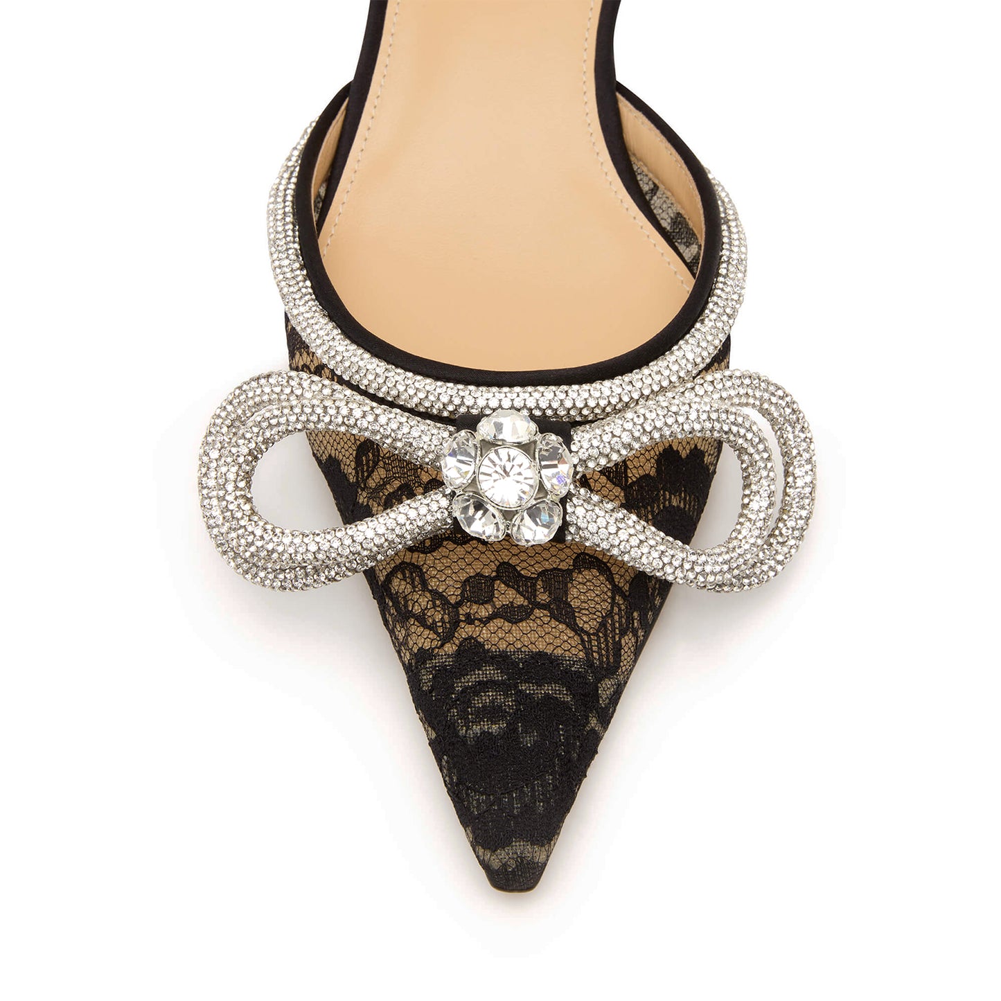 Black Lace Mesh Pointed-Toe Glitter Double Bow With Rhinestones Ankle Strap Flats