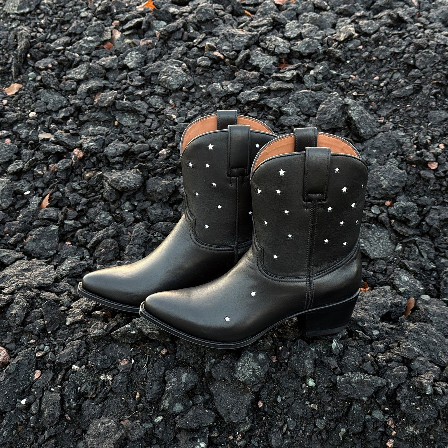 Black Snip-Toe Little Stars Inlays Ankle Cowgirl Boots