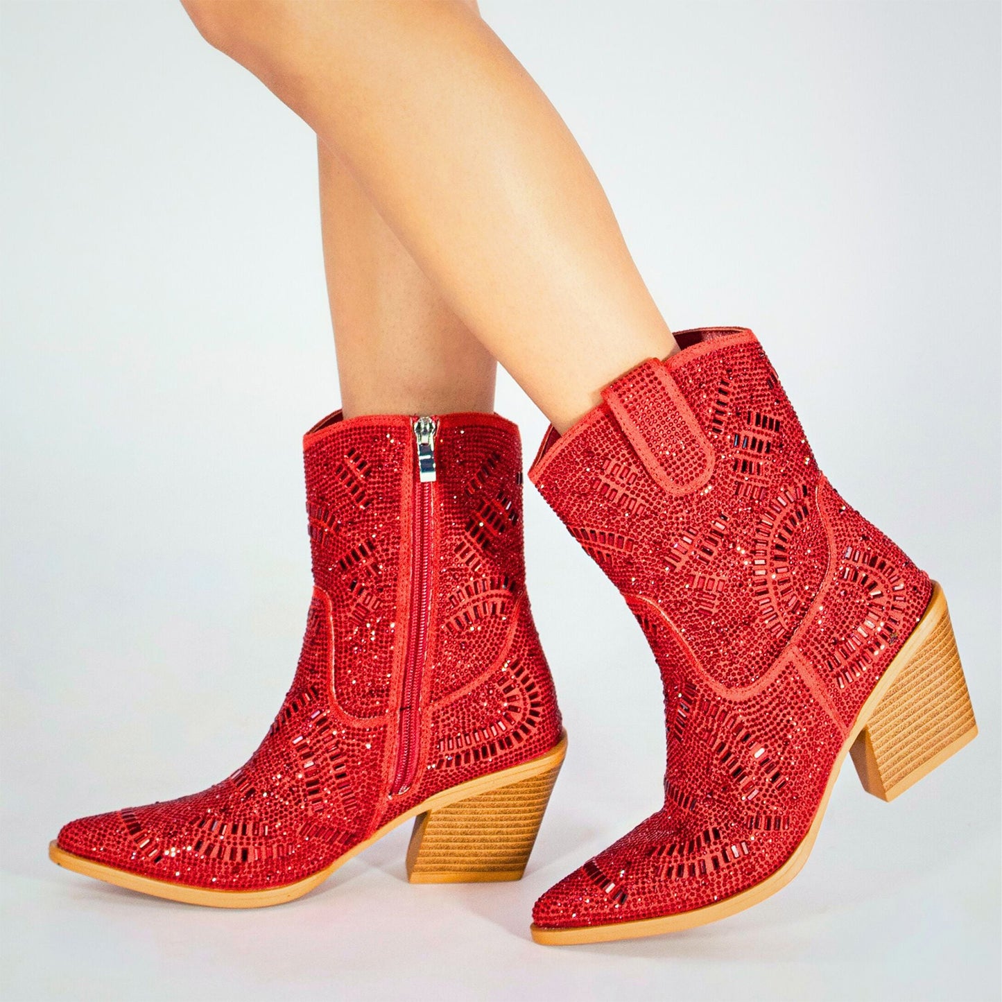 Red Faux Suede Pointed-Toe Full Crystals Full-Zip Ankle Cowgirl Boots