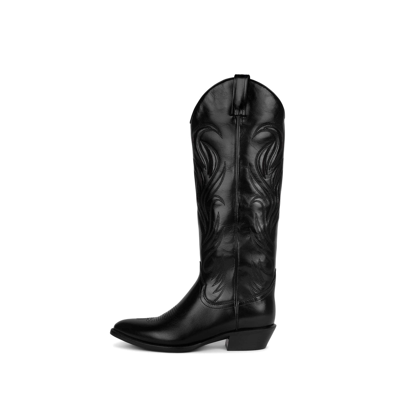 Black Vegan Leather Almond-Toe Embroidery Wide Calf Knee-High Cowgirl Boots