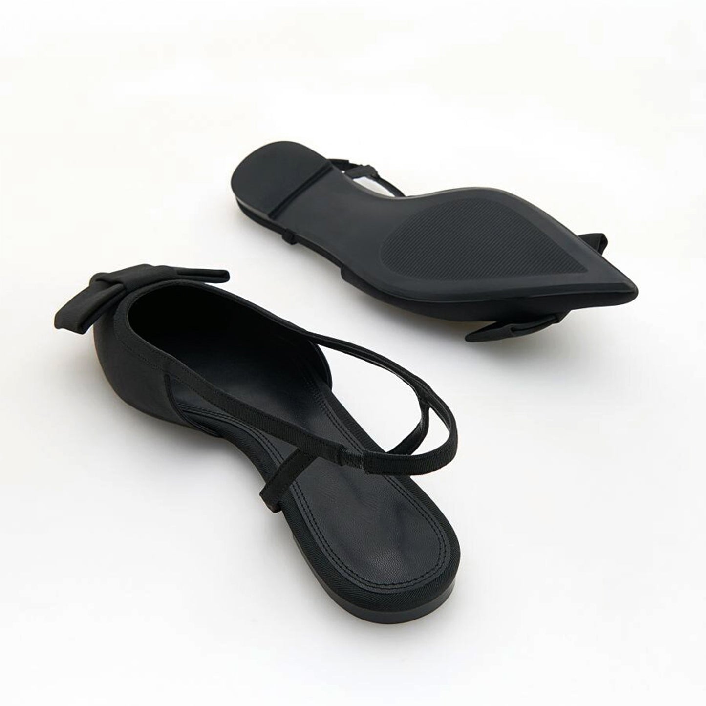 Black Satin Pointed-Toe Front Bow Slingback Flats