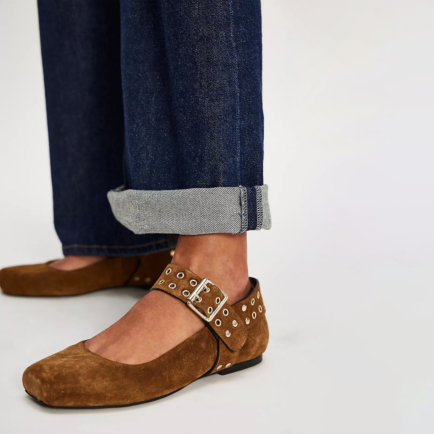 Toffee Suede Square-Toe Studded Adjustable Strap With Buckle Flats