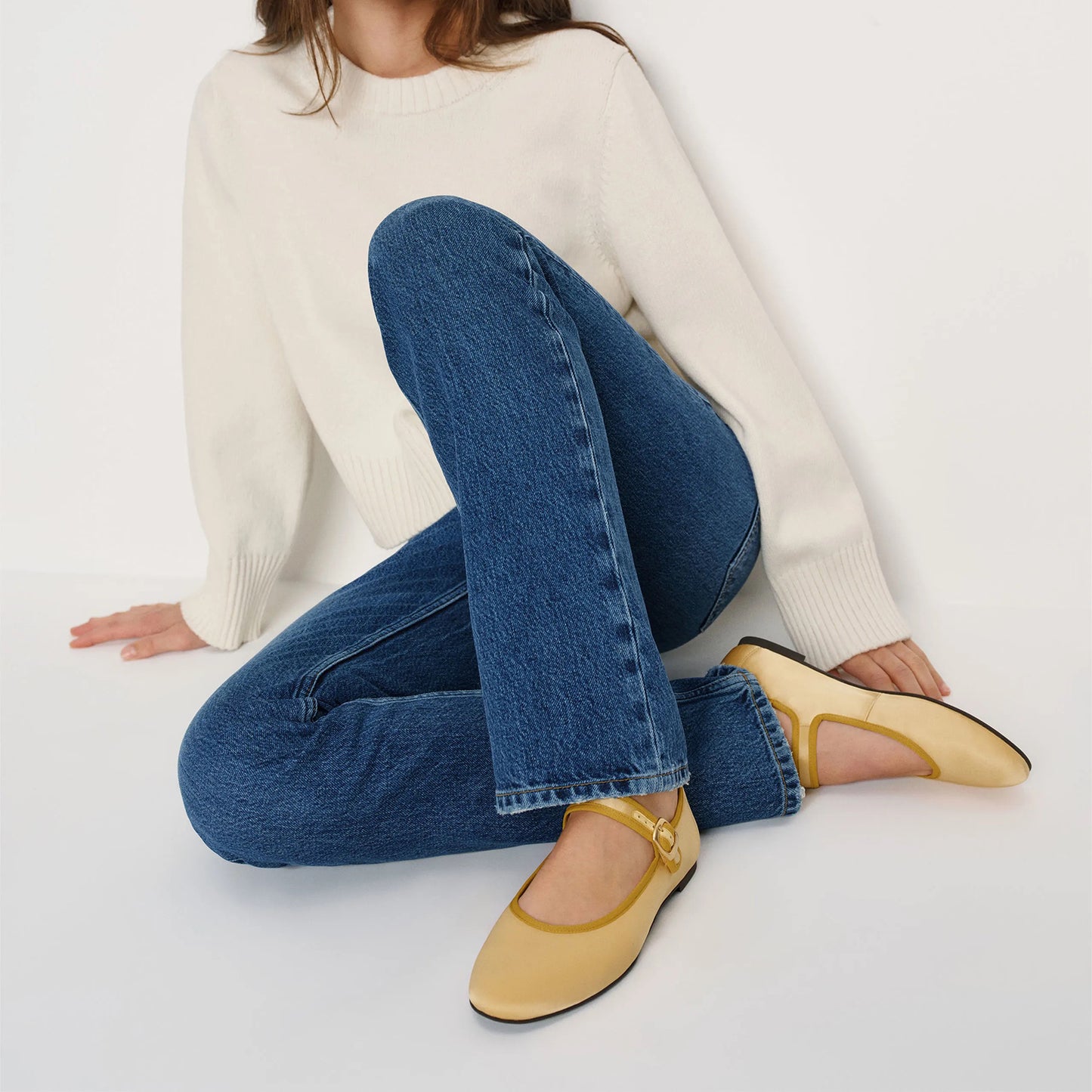 Lemon Yellow Satin Round-Toe Bridge Buckle Strap Ballet Classic Flats