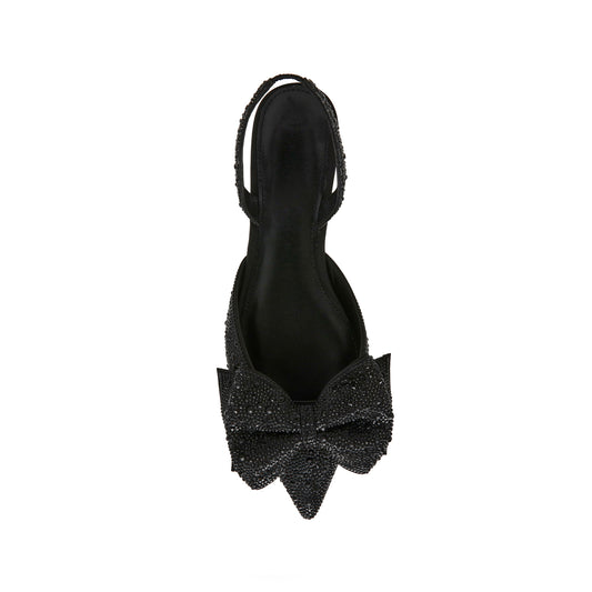 Black Satin Pointed-Toe Drops Front Bow Slingback Flats
