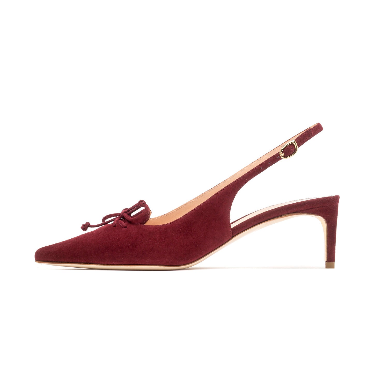 Burgundy Faux Suede Pointed-Toe Slingback Kitten Heels With Front Bow