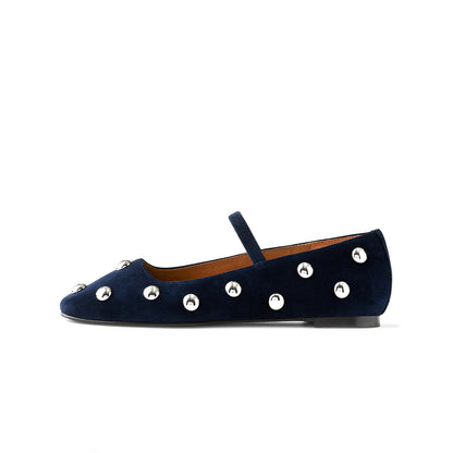 Indigo Faux Suede Square-Toe Bridge Strap Studded Slip-On Flats